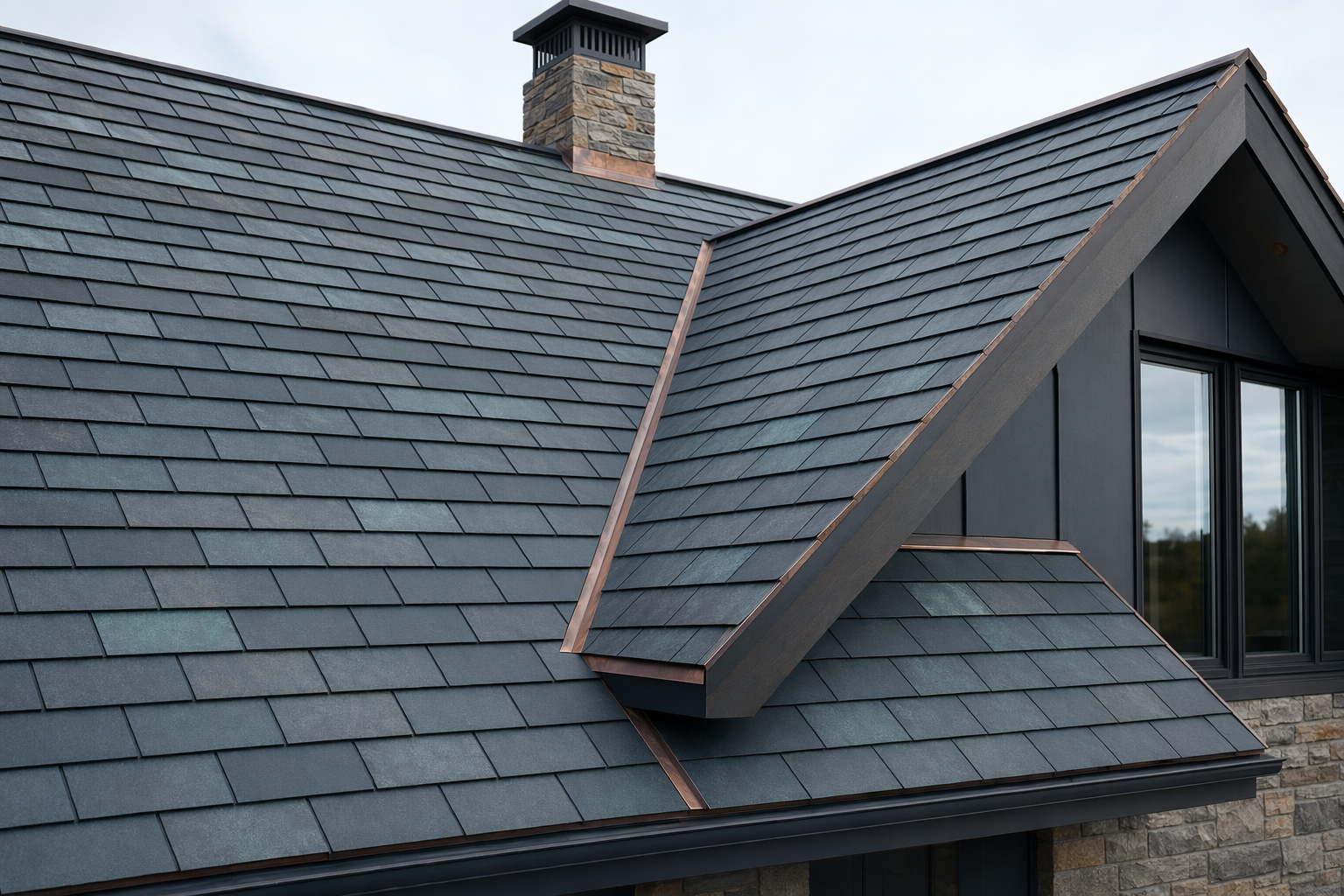 Illustration of stamped metal shingles that mimic slate tiles